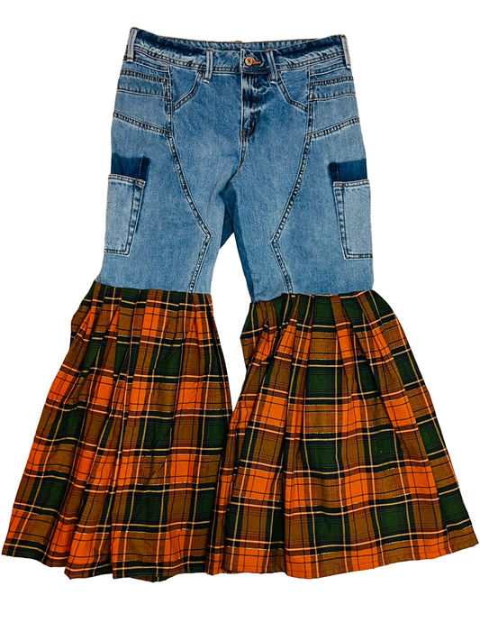 Denim Green, black and Orange Bell Bottom Pants